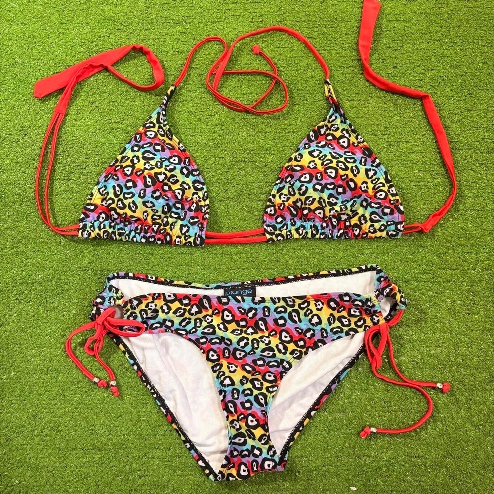 Plunge Rainbow Leopard Print Trashy Chic Y2k Mcbling Bikini Womens Size M